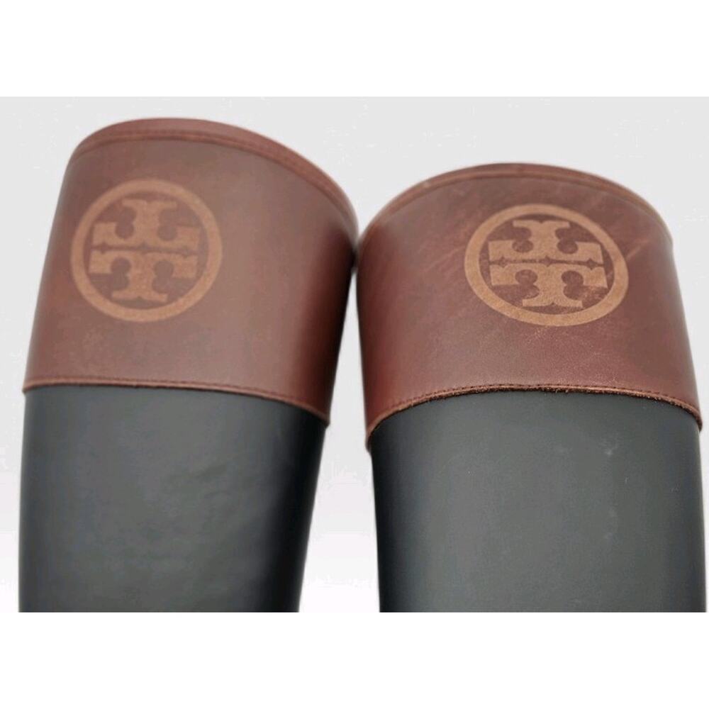 Tory Burch Diana Rain Boot Black Rubber Brown Leather Riding Boots Logo Sz 6 - Picture 7 of 7